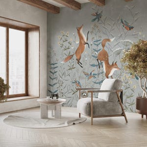 Carta da parati murale Whimsical Forest – Carta da parati con volpe, uccello e coniglio per la cameretta dei bambini – Carta da parati staccabile e rimovibile