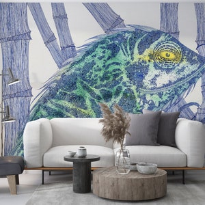Chameleon on bamboo Wallpaper, Living Room Wall Mural Peel and Stick Wall Art Easy Removable Pattern