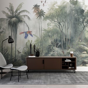 Giungla tropicale con pappagalli, carta da parati tropicale, carta da parati murale staccabile e incollabile, carta da parati rimovibile, autoadesiva, carta da parati Art Déco