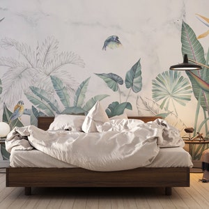 Giungla tropicale con uccelli, carta da parati tropicale, carta da parati murale a buccia e bastone, carta da parati rimovibile, autoadesiva, carta da parati Art Déco