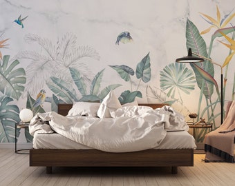 Tropical Jungle with birds, Tropical Wallpaper, Peel and Stick Mural Wallpaper, Removable Wallpaper, Self Adhesive, Art Deco Wallpaper