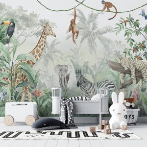 Jungle Safari Animals Wallpaper for Adventurous Kids' Room, animal themed room, wildlife pattern, nursery makeover
