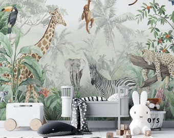 Jungle Safari Animals Wallpaper for Adventurous Kids' Room, animal themed room, wildlife pattern, nursery makeover