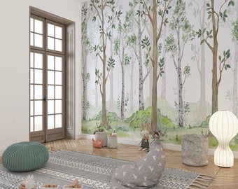 Forest Design For Children Mural Room, Woodland Birch, Wallpaper Nursery, Forest Kids room Wallpaper, Peel and Stick, Removable