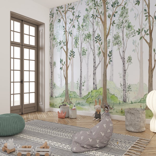 Forest Design For Children Mural Room, Woodland Birch, Wallpaper Nursery, Forest Kids room Wallpaper, Peel and Stick, Removable