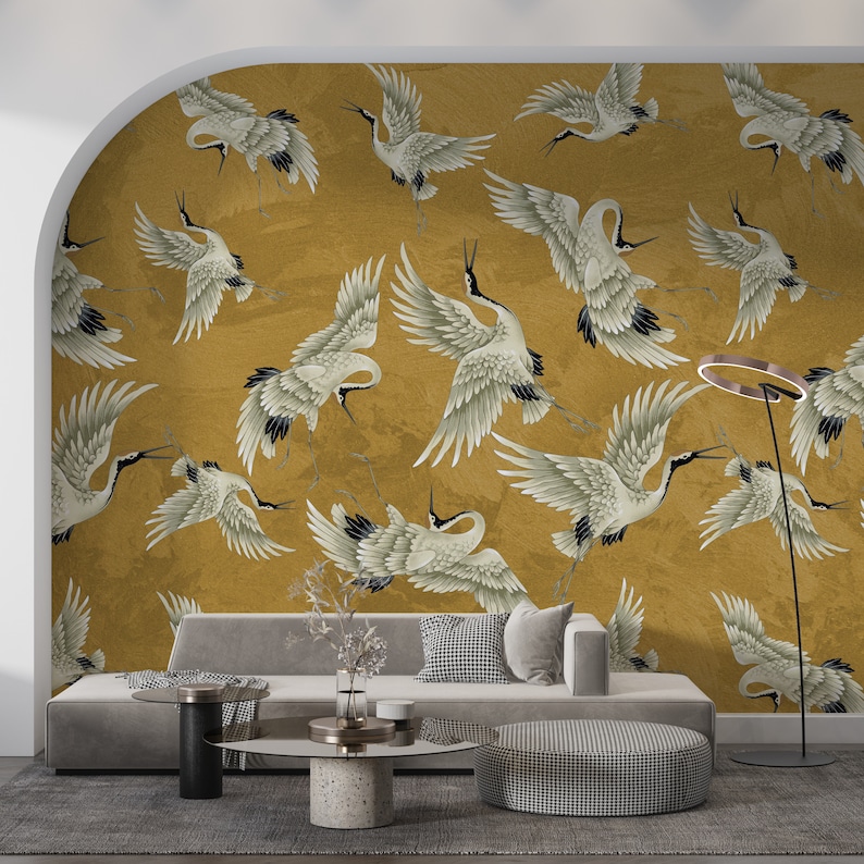 Vintage Crane Birds Wall Decor, Peel and Stick, Vintage Crane Birds Mural, Removable Wallpaper, Heron Wall Mural image 8