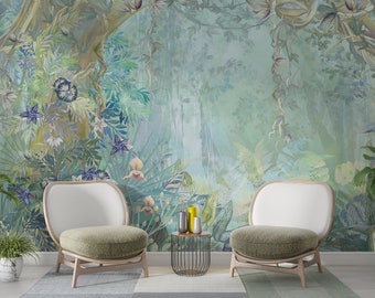 Tropical Jungle Watercolor, Tropical Wallpaper, Peel and Stick Mural Wallpaper, Removable Wallpaper, Self Adhesive, Art Deco Wallpaper