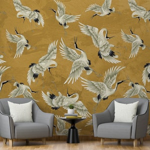 Vintage Crane Birds Wall Decor, Peel and Stick, Vintage Crane Birds Mural, Removable Wallpaper, Heron Wall Mural image 4