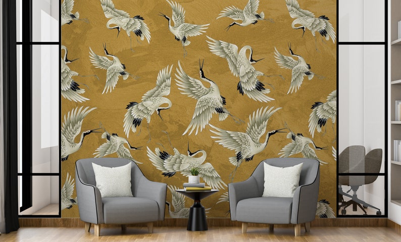 Vintage Crane Birds Wall Decor, Peel and Stick, Vintage Crane Birds Mural, Removable Wallpaper, Heron Wall Mural image 4