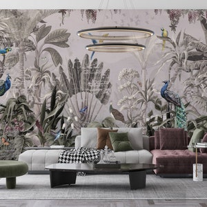 Vintage peacocks in the jungle  wall mural, Tropical Jungle Plants Wall Decoration Tropical Wallpaper, Vintage wall decor Peel and Stick