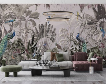 Vintage peacocks in the jungle  wall mural, Tropical Jungle Plants Wall Decoration Tropical Wallpaper, Vintage wall decor Peel and Stick