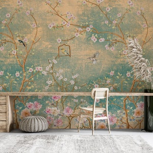 Chinoiserie Peel and Stick Wallpaper, Home Decor Wallpaper Wall Mural, Vintage Background Birds Trees Floral Wallpaper, Removable Wall Mural