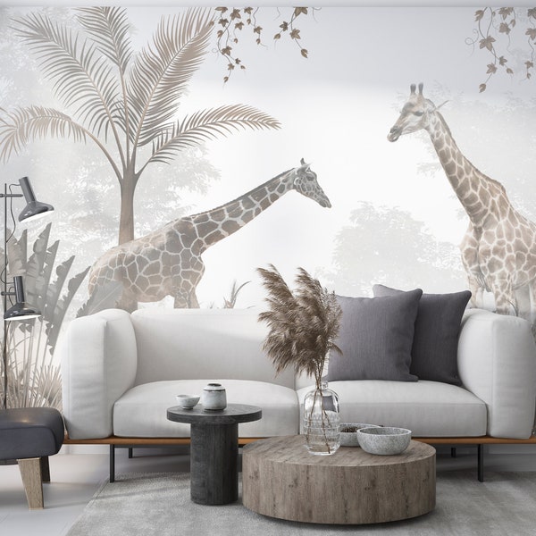 SAVANNA Wallpaper, Peel and Stick / Safari Giraffe removable wallpaper/ Safari Jungle Wall mural