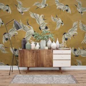 Vintage Crane Birds Wall Decor, Peel and Stick, Vintage Crane Birds Mural, Removable Wallpaper, Heron Wall Mural image 7