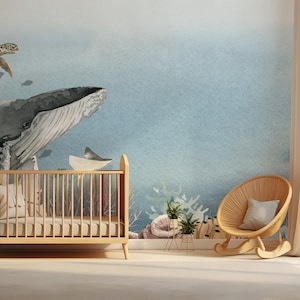 Under the sea wall mural, Underwater wallpaper with whale, turtle for nursery, Peel and Stick, Removable wallpaper