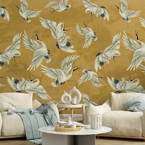 Vintage Crane Birds Wall Decor, Peel and Stick, Vintage Crane Birds Mural, Removable Wallpaper, Heron Wall Mural image 5