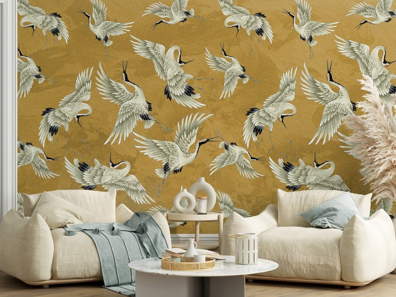 Vintage Crane Birds Wall Decor, Peel and Stick, Vintage Crane Birds Mural, Removable Wallpaper, Heron Wall Mural image 5