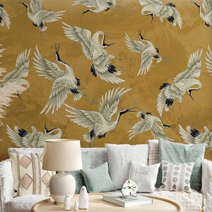 Vintage Crane Birds Wall Decor, Peel and Stick, Vintage Crane Birds Mural, Removable Wallpaper, Heron Wall Mural image 6