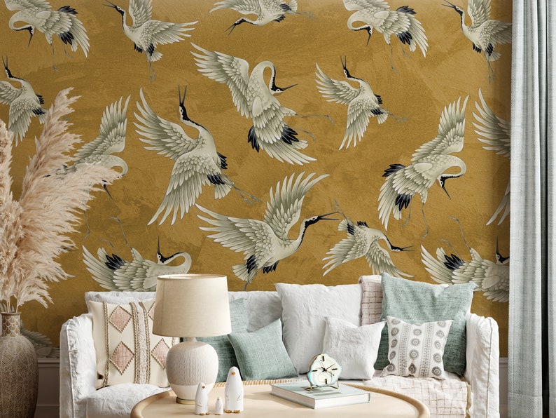 Vintage Crane Birds Wall Decor, Peel and Stick, Vintage Crane Birds Mural, Removable Wallpaper, Heron Wall Mural image 6