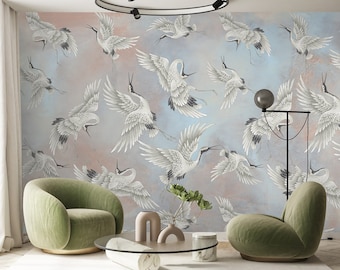 Vintage Crane Birds Wall Decor, Peel and Stick, Vintage Crane Birds Mural, Removable Wallpaper, Heron Wall Mural