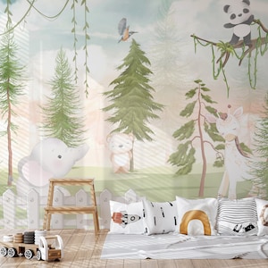 Carta da parati con animali della foresta da staccare e attaccare, decalcomania da parete per la cameretta dei bambini, rimovibile e facile da applicare, grazioso decoro per la cameretta dei bambini