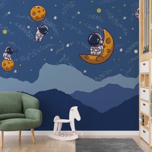 Astronaut Space Wall Mural – Cartoon Space Wallpaper for Kids – Peel and Stick, Removable Wallpaper
