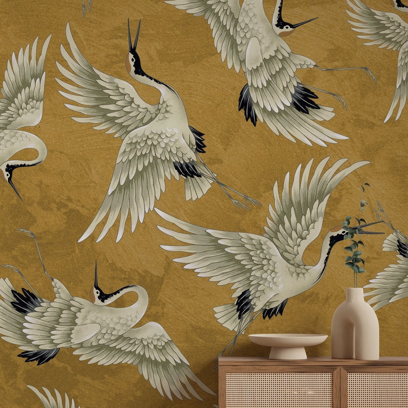 Vintage Crane Birds Wall Decor, Peel and Stick, Vintage Crane Birds Mural, Removable Wallpaper, Heron Wall Mural image 9