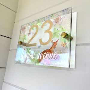 House Sign Wall Floral Cottage Door Number Street Name Plaque Acrylic Dual Layer Pretty Deer Woodland Animal