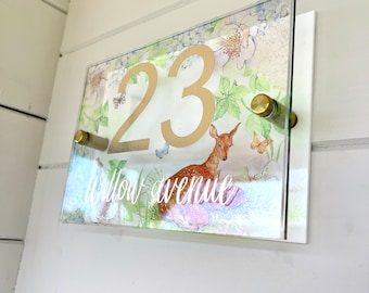 Floral Deer House Sign, Acrylic Cottagecore Door Number Plaque