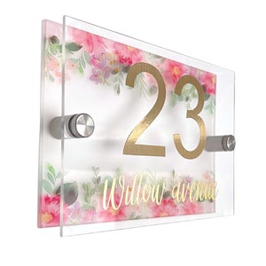 House Sign Wall Floral Door Number Street Name Plaque Acrylic Dual Layer