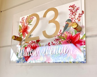 Floral Acrylic House Sign, Cottagecore Door Number Plaque
