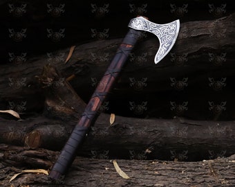 CUSTOM RAGNAR AXE, Viking Axe, Viking Axe With Leather Sheath | Hand Forged Engraved Carbon Steel Camping Axe Gift for Him | Hatchet Axe