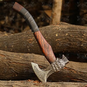 Hand-Forged Viking Axe: Carbon Steel, Leather Sheath, Ash Wood Handle