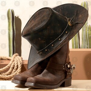 Leather Cowboy Hat  With Face Strap and Band | Vintage Western Style Cowgirl Hat | Rustic Unisex Rancher Hat Gift For His and Her