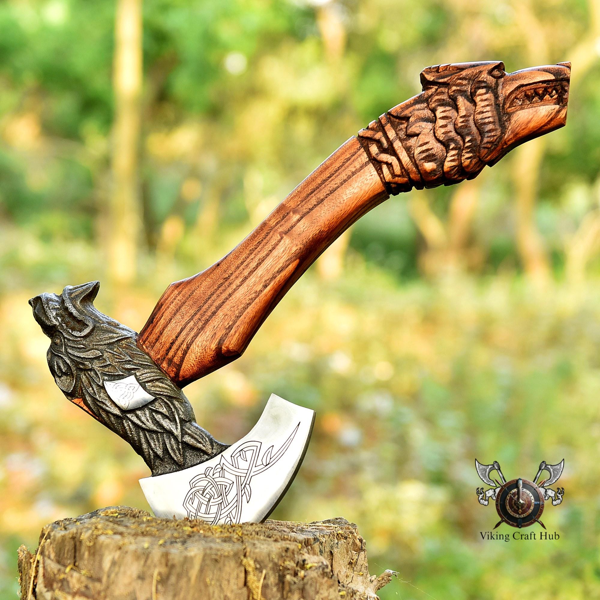 センガ　ウィッグ Custom Wolf Viking Axe With Leather Sheath | Hand Forged Carbon