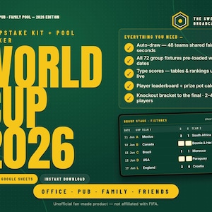 May include: A digital sweepstake kit and pool tracker for the 2026 World Cup, featuring a dark green background with bold yellow text. It includes a list of features like auto-draw, pre-loaded fixtures, live score updates, and a knockout bracket.