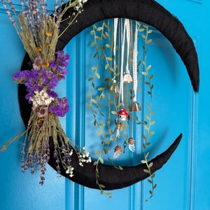 Boho Crescent Moon Wreath with Witch Bells - Lace Ribbon | Apothecary Decor, Protection & Abundance | Crystals