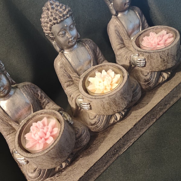 Buddha Statue Meditation Set with 3 Lotus Tea Light Candle Holders, Spiritual Home Decor, Candlestick Buddha Figurine