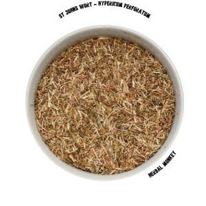 May include: A light grey ceramic bowl filled with dried St John's Wort, a herbal remedy. The bowl contains a mix of brown, green, and tan plant material. The text "ST JOHNS WORT - HYPERICUM PERFORATUM" is above the bowl, and "HERBAL MONKEY" is below.