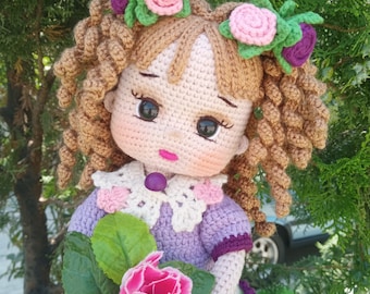 44～45cmのかぎ針編みあみぐるみ女の子（取り外し可能な服と刺繍の