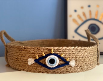 Large Nazar evil eye basket flat with handmade macrame eye, evil eye, blue eye