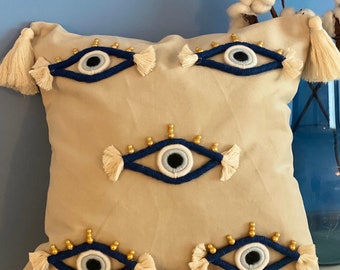 Handmade Nazar cushion with macrame eye, blue eye cushion cover suitable for living room & terrace