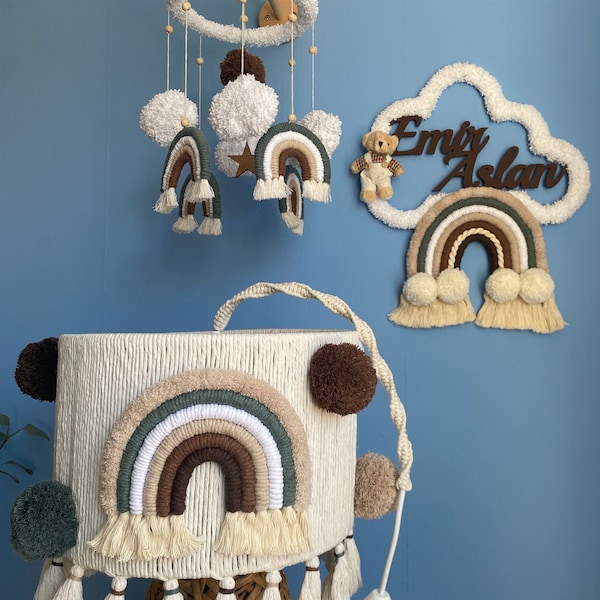 Set chambre bébé & enfant, macramé, plaque nominative personnalisée, mobile, abat-jour, ours en peluche, chambre d'enfant, bébé, lampe, plaque de porte