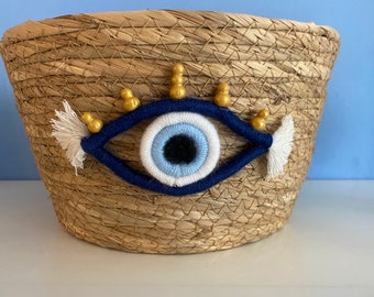 Nazar evil eye basket with handmade macrame eye, evil eye, blue eye
