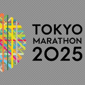Puede incluir: Un diseño abstracto colorido con un círculo de líneas multicolores. El texto "TOKYO MARATHON 2025" está en negro.