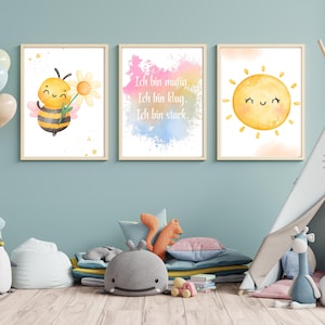 Tarjeta de afirmación "Soy valiente, inteligente y fuerte, abeja, sol", descarga digital, póster, arte, impresión, paquete de imágenes para habitación infantil