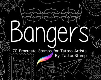 May include: A set of 70 Procreate stamps for tattoo artists, featuring various designs including a heart with thorns, a hand, a crescent moon, a tooth, a mushroom, a rose, a butterfly, and a bottle. The text "Bangers" and "By TattooStamp" are also included.