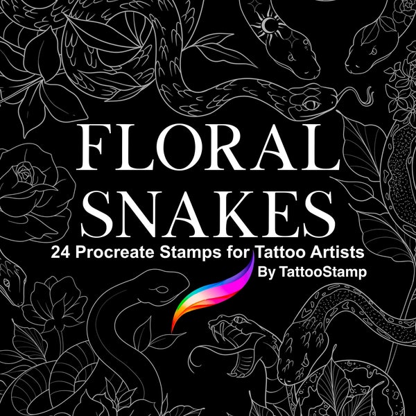 Floral Snake Procreate Tattoo Stamps - Snake Stamp Set - Procreate Tattoo Brush Set - Flower Tattoo Stencil - Neotrad Stamps Fineline Stamp