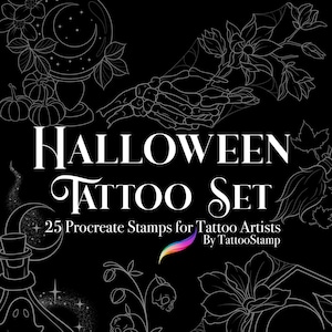 May include: A set of 25 Procreate stamps for tattoo artists featuring Halloween themed illustrations. The illustrations include a skull, a potion bottle, a crystal, a flower, a hand, and a moon. The text "HALLOWEEN TATTOO SET" and "25 Procreate Stamps for Tattoo Artists By TattooStamp" is included in the image.