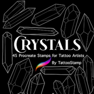 May include: A set of 45 Procreate stamps featuring white outline drawings of various crystal shapes on a black background. The text "CRYSTALS" is in white with the text "45 Procreate Stamps for Tattoo Artists" below it. The text "By TattooStamp" is below that.
